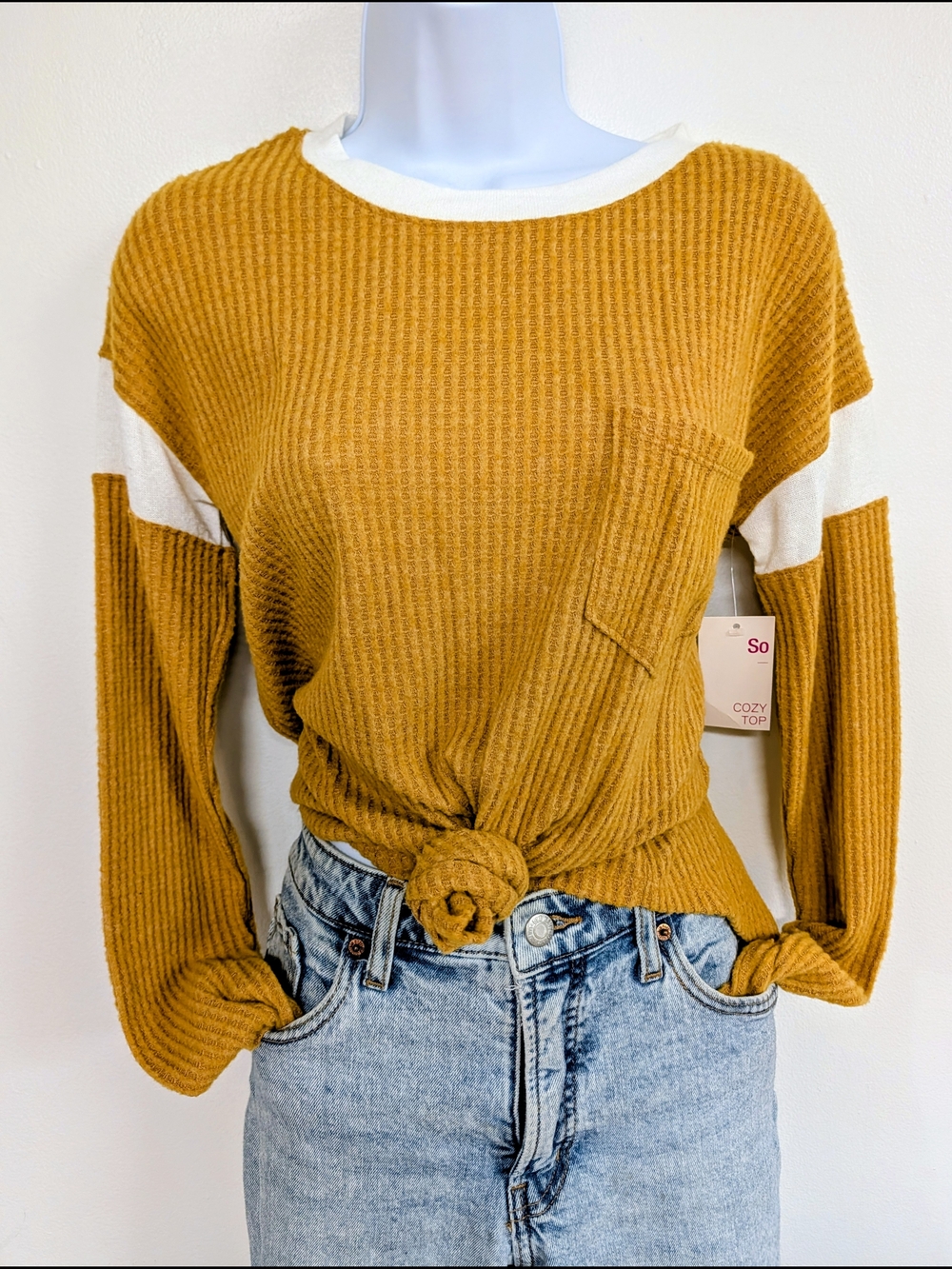 NEW* SO Mustard and White Ribbed Cozy Top